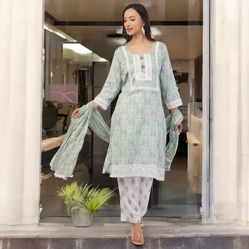Women's Traditional Salwar Kameez Set, Mint Green Floral Print with White  Lace - Buy Online
