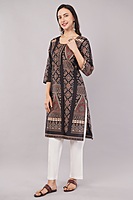 Women's Cotton Kurta, Traditional Geometric Print, 3/4 Sleeves, Black and Peach Women's Cotton Kurta, Traditional Geometric Print, 3/4 Sleeves, Black and Peach