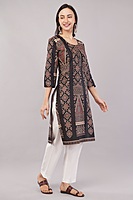 Women's Cotton Kurta, Traditional Geometric Print, 3/4 Sleeves, Black and Peach Women's Cotton Kurta, Traditional Geometric Print, 3/4 Sleeves, Black and Peach