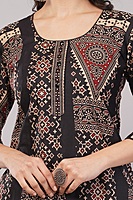 Women's Cotton Kurta, Traditional Geometric Print, 3/4 Sleeves, Black and Peach Women's Cotton Kurta, Traditional Geometric Print, 3/4 Sleeves, Black and Peach