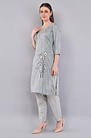 Women's Cotton Salwar Suit Set, Grey Printed Kurta with Geometric Pattern Women's Cotton Salwar Suit Set, Grey Printed Kurta with Geometric Pattern