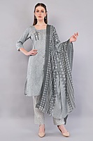 Women's Cotton Salwar Suit Set, Grey Printed Kurta with Geometric Pattern Women's Cotton Salwar Suit Set, Grey Printed Kurta with Geometric Pattern