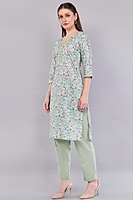 Cotton Salwar Suit Set, Mint Green Floral Print, Embroidered Kurta with Dupatta and Pants, 3-Piece Cotton Salwar Suit Set, Mint Green Floral Print, Embroidered Kurta with Dupatta and Pants, 3-Piece