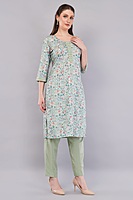 Cotton Salwar Suit Set, Mint Green Floral Print, Embroidered Kurta with Dupatta and Pants, 3-Piece Cotton Salwar Suit Set, Mint Green Floral Print, Embroidered Kurta with Dupatta and Pants, 3-Piece