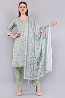 Cotton Salwar Suit Set, Mint Green Floral Print, Embroidered Kurta with Dupatta and Pants, 3-Piece Cotton Salwar Suit Set, Mint Green Floral Print, Embroidered Kurta with Dupatta and Pants, 3-Piece