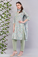 Cotton Salwar Suit Set, Mint Green Floral Print, Embroidered Kurta with Dupatta and Pants, 3-Piece Cotton Salwar Suit Set, Mint Green Floral Print, Embroidered Kurta with Dupatta and Pants, 3-Piece