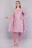 Women's Floral Print Embroidered Cotton Salwar Suit Set, Pink, 3-Piece with Dupatta Women's Floral Print Embroidered Cotton Salwar Suit Set, Pink, 3-Piece with Dupatta