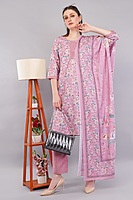 Women's Floral Print Embroidered Cotton Salwar Suit Set, Pink, 3-Piece with Dupatta Women's Floral Print Embroidered Cotton Salwar Suit Set, Pink, 3-Piece with Dupatta