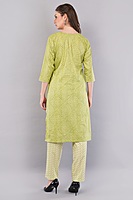 Women's Cotton Salwar Suit Set, Green Printed Kurta with Geometric Pattern Dupatta, 3/4 Sleeve Women's Cotton Salwar Suit Set, Green Printed Kurta with Geometric Pattern Dupatta, 3/4 Sleeve