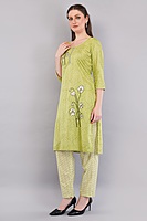 Women's Cotton Salwar Suit Set, Green Printed Kurta with Geometric Pattern Dupatta, 3/4 Sleeve Women's Cotton Salwar Suit Set, Green Printed Kurta with Geometric Pattern Dupatta, 3/4 Sleeve