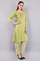 Women's Cotton Salwar Suit Set, Green Printed Kurta with Geometric Pattern Dupatta, 3/4 Sleeve Women's Cotton Salwar Suit Set, Green Printed Kurta with Geometric Pattern Dupatta, 3/4 Sleeve