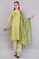 Women's Cotton Salwar Suit Set, Green Printed Kurta with Geometric Pattern Dupatta, 3/4 Sleeve Women's Cotton Salwar Suit Set, Green Printed Kurta with Geometric Pattern Dupatta, 3/4 Sleeve