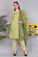 Women's Cotton Salwar Suit Set, Green Printed Kurta with Geometric Pattern Dupatta, 3/4 Sleeve Women's Cotton Salwar Suit Set, Green Printed Kurta with Geometric Pattern Dupatta, 3/4 Sleeve