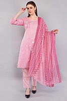 Cotton Salwar Suit Set with Printed Kurta, Pant and Dupatta, Pink Cotton Salwar Suit Set with Printed Kurta, Pant and Dupatta, Pink