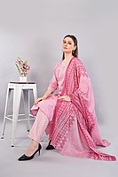 Cotton Salwar Suit Set with Printed Kurta, Pant and Dupatta, Pink Cotton Salwar Suit Set with Printed Kurta, Pant and Dupatta, Pink