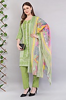 Cotton Salwar Kameez Suit Set, Green Printed, 3-Piece with Floral Dupatta Cotton Salwar Kameez Suit Set, Green Printed, 3-Piece with Floral Dupatta