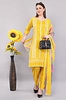 Cotton Salwar Suit with Floral Dupatta, Yellow Printed Dress Set, Traditional Indian Ethnic Wear Cotton Salwar Suit with Floral Dupatta, Yellow Printed Dress Set, Traditional Indian Ethnic Wear