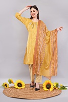 Traditional Cotton Salwar Kameez with Dupatta, Yellow Printed, 3-Piece Ethnic Set Traditional Cotton Salwar Kameez with Dupatta, Yellow Printed, 3-Piece Ethnic Set