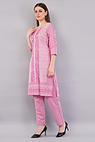 Cotton Salwar Kameez Set, Pink Printed Kurta with Polka Dot Pants and Multicolour Dupatta, 3-Piece Cotton Salwar Kameez Set, Pink Printed Kurta with Polka Dot Pants and Multicolour Dupatta, 3-Piece