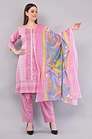 Cotton Salwar Kameez Set, Pink Printed Kurta with Polka Dot Pants and Multicolour Dupatta, 3-Piece Cotton Salwar Kameez Set, Pink Printed Kurta with Polka Dot Pants and Multicolour Dupatta, 3-Piece