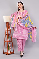 Cotton Salwar Kameez Set, Pink Printed Kurta with Polka Dot Pants and Multicolour Dupatta, 3-Piece Cotton Salwar Kameez Set, Pink Printed Kurta with Polka Dot Pants and Multicolour Dupatta, 3-Piece