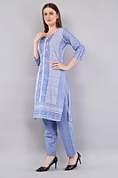 Cotton Salwar Suit Set with Printed Dupatta, Blue Striped Kurta with Polka Dot Pants Cotton Salwar Suit Set with Printed Dupatta, Blue Striped Kurta with Polka Dot Pants