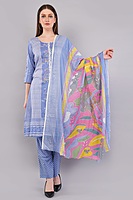 Cotton Salwar Suit Set with Printed Dupatta, Blue Striped Kurta with Polka Dot Pants Cotton Salwar Suit Set with Printed Dupatta, Blue Striped Kurta with Polka Dot Pants