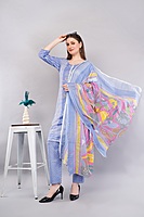 Cotton Salwar Suit Set with Printed Dupatta, Blue Striped Kurta with Polka Dot Pants Cotton Salwar Suit Set with Printed Dupatta, Blue Striped Kurta with Polka Dot Pants