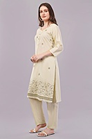 Women's Cream Cotton Salwar Suit Set with Embroidered Kurta, Pants and Dupatta, 3/4 Sleeve Women's Cream Cotton Salwar Suit Set with Embroidered Kurta, Pants and Dupatta, 3/4 Sleeve