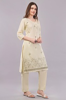 Women's Cream Cotton Salwar Suit Set with Embroidered Kurta, Pants and Dupatta, 3/4 Sleeve Women's Cream Cotton Salwar Suit Set with Embroidered Kurta, Pants and Dupatta, 3/4 Sleeve
