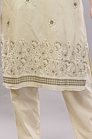 Women's Cream Cotton Salwar Suit Set with Embroidered Kurta, Pants and Dupatta, 3/4 Sleeve Women's Cream Cotton Salwar Suit Set with Embroidered Kurta, Pants and Dupatta, 3/4 Sleeve