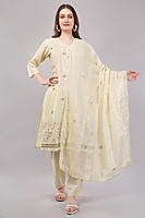 Women's Cream Cotton Salwar Suit Set with Embroidered Kurta, Pants and Dupatta, 3/4 Sleeve Women's Cream Cotton Salwar Suit Set with Embroidered Kurta, Pants and Dupatta, 3/4 Sleeve