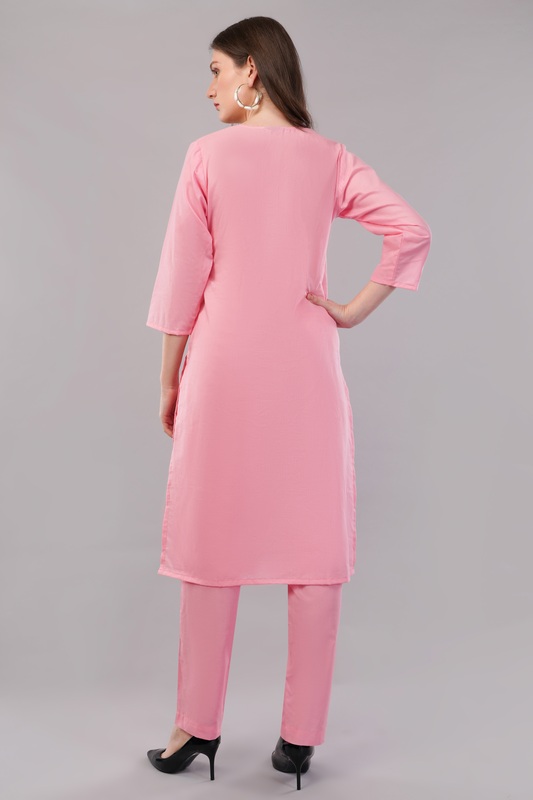 Women's Pink Embroidered Cotton Salwar Suit Set, 3/4 Sleeve Kurta with Pants and Dupatta Women's Pink Embroidered Cotton Salwar Suit Set, 3/4 Sleeve Kurta with Pants and Dupatta
