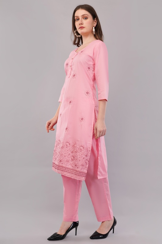 Women's Pink Embroidered Cotton Salwar Suit Set, 3/4 Sleeve Kurta with Pants and Dupatta Women's Pink Embroidered Cotton Salwar Suit Set, 3/4 Sleeve Kurta with Pants and Dupatta
