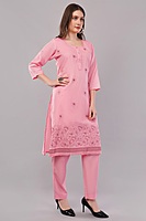 Women's Pink Embroidered Cotton Salwar Suit Set, 3/4 Sleeve Kurta with Pants and Dupatta Women's Pink Embroidered Cotton Salwar Suit Set, 3/4 Sleeve Kurta with Pants and Dupatta