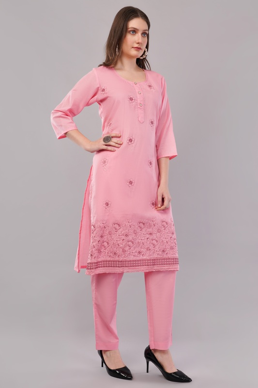 Women's Pink Embroidered Cotton Salwar Suit Set, 3/4 Sleeve Kurta with Pants and Dupatta Women's Pink Embroidered Cotton Salwar Suit Set, 3/4 Sleeve Kurta with Pants and Dupatta