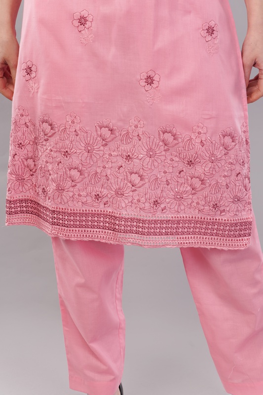 Women's Pink Embroidered Cotton Salwar Suit Set, 3/4 Sleeve Kurta with Pants and Dupatta Women's Pink Embroidered Cotton Salwar Suit Set, 3/4 Sleeve Kurta with Pants and Dupatta