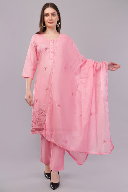Women's Pink Embroidered Cotton Salwar Suit Set, 3/4 Sleeve Kurta with Pants and Dupatta Women's Pink Embroidered Cotton Salwar Suit Set, 3/4 Sleeve Kurta with Pants and Dupatta
