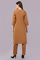 Women's Caramel Brown Embroidered Salwar Suit Set with Dupatta, 3/4 Sleeve, Black Border Trim Women's Caramel Brown Embroidered Salwar Suit Set with Dupatta, 3/4 Sleeve, Black Border Trim