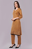 Women's Caramel Brown Embroidered Salwar Suit Set with Dupatta, 3/4 Sleeve, Black Border Trim Women's Caramel Brown Embroidered Salwar Suit Set with Dupatta, 3/4 Sleeve, Black Border Trim