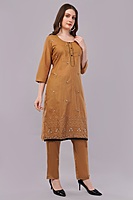 Women's Caramel Brown Embroidered Salwar Suit Set with Dupatta, 3/4 Sleeve, Black Border Trim Women's Caramel Brown Embroidered Salwar Suit Set with Dupatta, 3/4 Sleeve, Black Border Trim