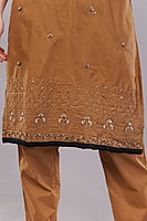 Women's Caramel Brown Embroidered Salwar Suit Set with Dupatta, 3/4 Sleeve, Black Border Trim Women's Caramel Brown Embroidered Salwar Suit Set with Dupatta, 3/4 Sleeve, Black Border Trim