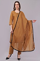 Women's Caramel Brown Embroidered Salwar Suit Set with Dupatta, 3/4 Sleeve, Black Border Trim Women's Caramel Brown Embroidered Salwar Suit Set with Dupatta, 3/4 Sleeve, Black Border Trim