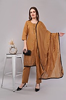 Women's Caramel Brown Embroidered Salwar Suit Set with Dupatta, 3/4 Sleeve, Black Border Trim Women's Caramel Brown Embroidered Salwar Suit Set with Dupatta, 3/4 Sleeve, Black Border Trim