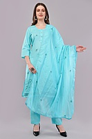 Women's Turquoise Embroidered Cotton Salwar Suit Set with Dupatta, 3-Piece Traditional Dress Women's Turquoise Embroidered Cotton Salwar Suit Set with Dupatta, 3-Piece Traditional Dress