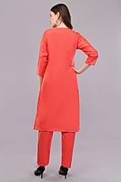 Traditional Coral Red Embroidered Salwar Suit Set with Dupatta, Black Lace Border, 3/4 Sleeve Traditional Coral Red Embroidered Salwar Suit Set with Dupatta, Black Lace Border, 3/4 Sleeve