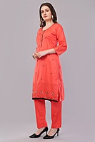 Traditional Coral Red Embroidered Salwar Suit Set with Dupatta, Black Lace Border, 3/4 Sleeve Traditional Coral Red Embroidered Salwar Suit Set with Dupatta, Black Lace Border, 3/4 Sleeve