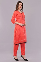 Traditional Coral Red Embroidered Salwar Suit Set with Dupatta, Black Lace Border, 3/4 Sleeve Traditional Coral Red Embroidered Salwar Suit Set with Dupatta, Black Lace Border, 3/4 Sleeve