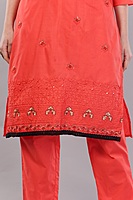 Traditional Coral Red Embroidered Salwar Suit Set with Dupatta, Black Lace Border, 3/4 Sleeve Traditional Coral Red Embroidered Salwar Suit Set with Dupatta, Black Lace Border, 3/4 Sleeve