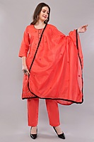 Traditional Coral Red Embroidered Salwar Suit Set with Dupatta, Black Lace Border, 3/4 Sleeve Traditional Coral Red Embroidered Salwar Suit Set with Dupatta, Black Lace Border, 3/4 Sleeve
